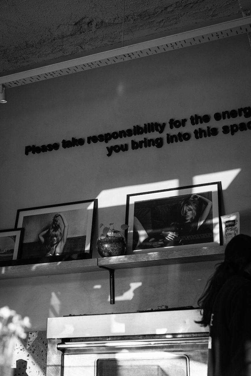 Pared con cuadros en blanco y negro SĀNTAL — estética editorial con texto Please take responsibility for the energy